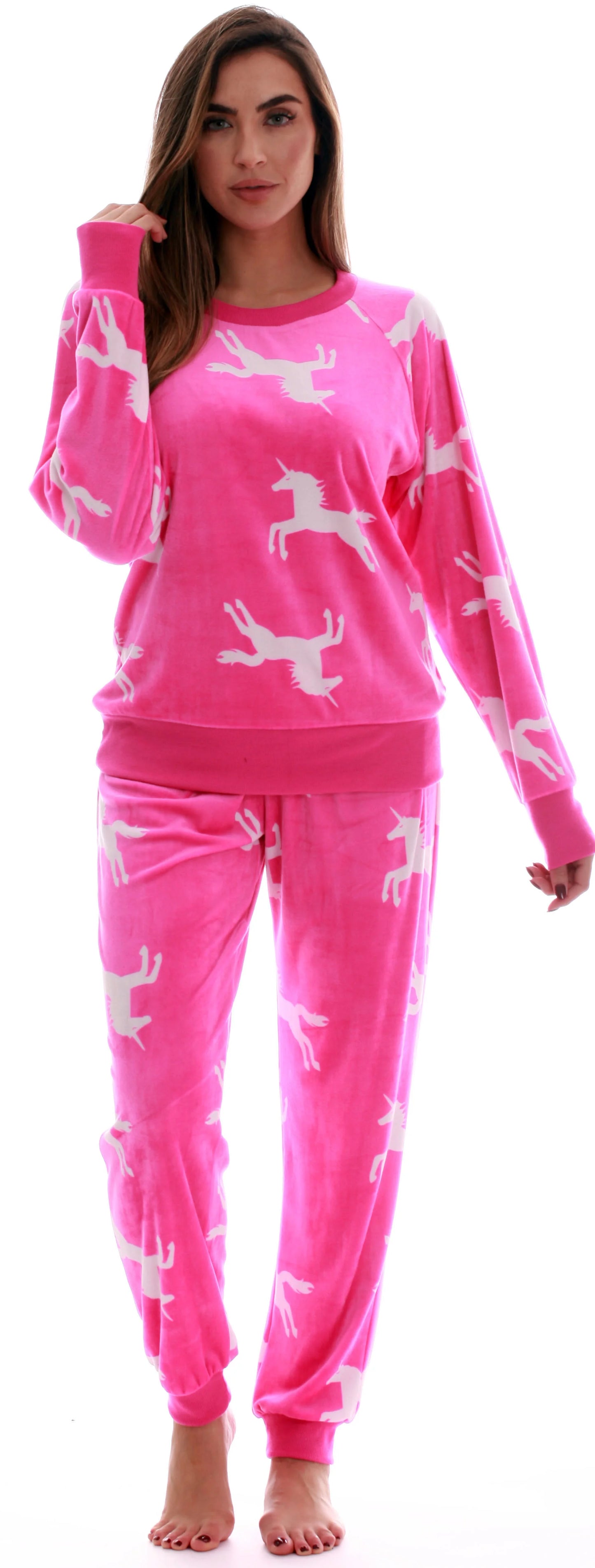 #followme Women's Jogger Pajama Pants Set Ultra-Soft Velour PJs (Fuchsia - Unicorn, Large)